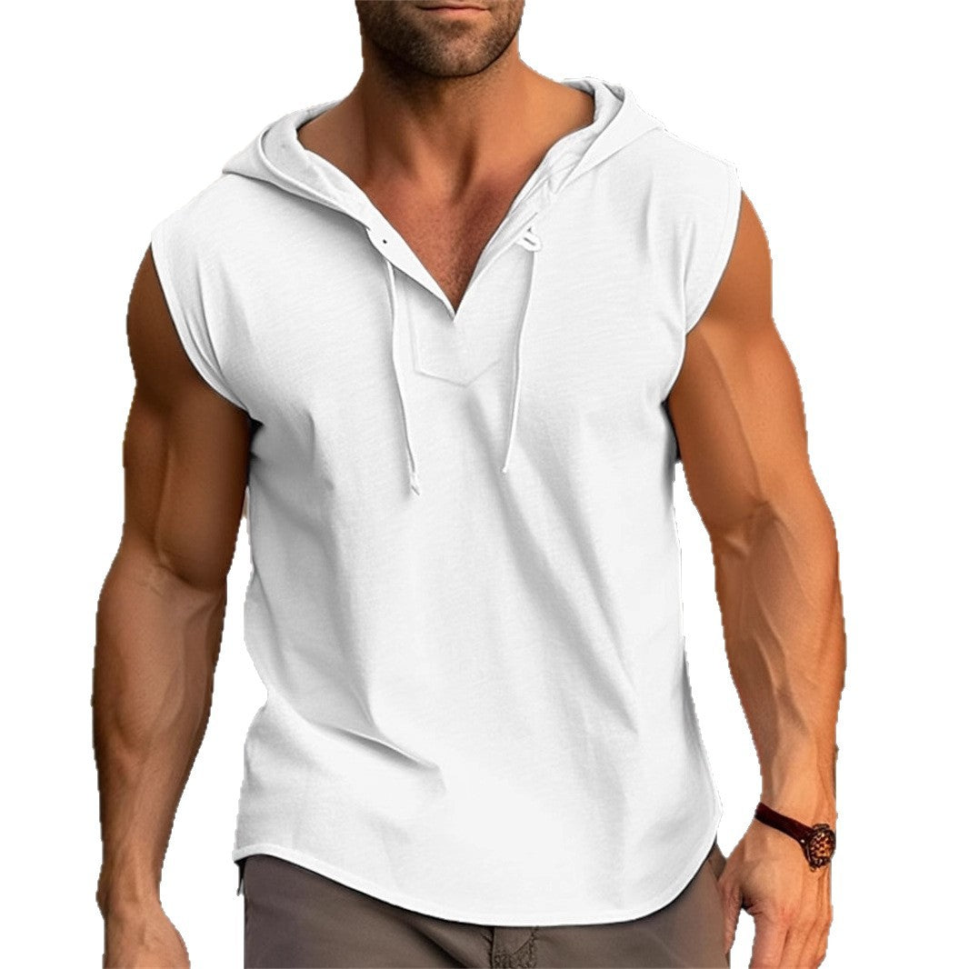 Mens Sleeveless Fitness Sports Drawstring Hooded Vest, view 8 — Kravori