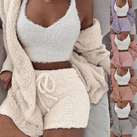3pcs Womens Clothing Long Sleeve Crop Tank Top And Drawstring Shorts Pajama Set — Kravori