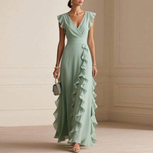 Women's Elegant Solid Color Ruffle Sleeveless Sexy V-Neck Long Dress Fashionable Bohemian Women's... — Kravori