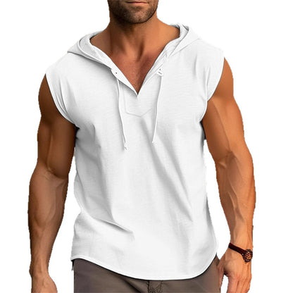 Mens Sleeveless Fitness Sports Drawstring Hooded Vest, view 8 — Kravori