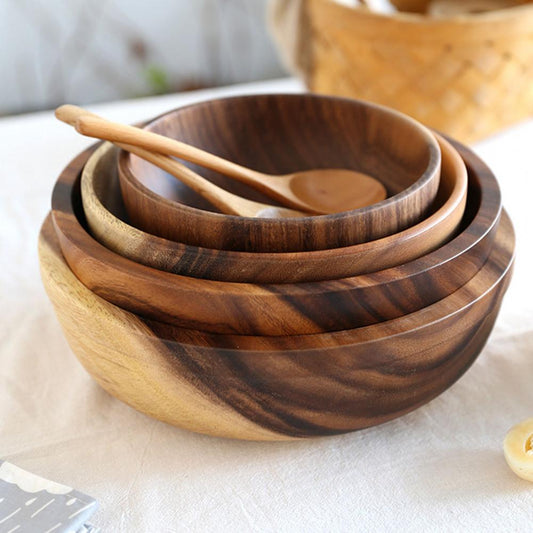 Kitchen Natural Wooden Bowl Household Fruit Bowl Salad Bowl For Home Restaurant Food Container Wo... — Kravori