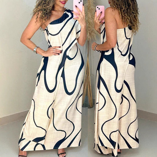 Vacation One-shoulder Sleeveless Printed Dress — Kravori