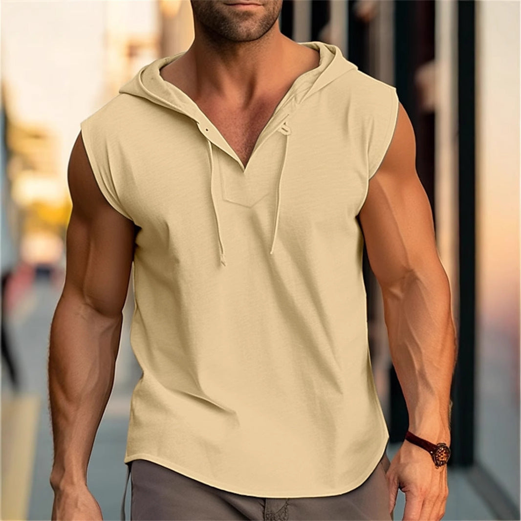 Mens Sleeveless Fitness Sports Drawstring Hooded Vest, view 2 — Kravori