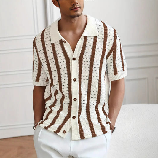 Summer Hollow-Out Vertical-Stripe Lapel Sweater Knit Top — Kravori