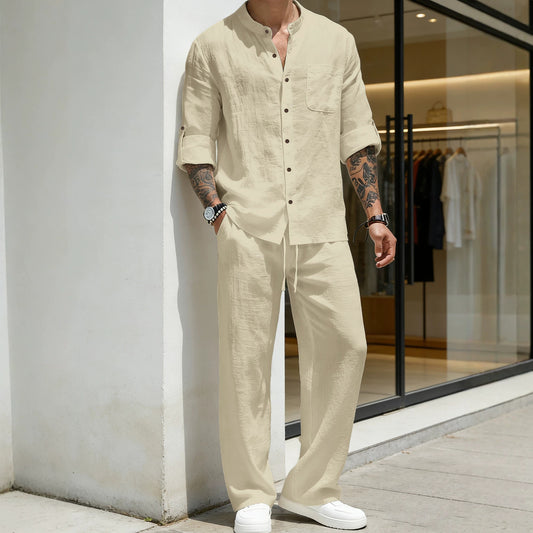 Mens Solid-Color Linen Long-Sleeve Shirt And Pants Two-Piece Set — Kravori