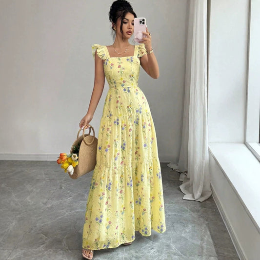 Womens Spaghetti-strap Floral French-style Dress — Kravori