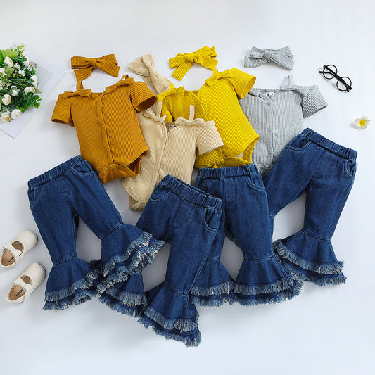 Summer Girls' Suit Ins Clothes For Babies Short Sleeve Strappy Romper Denim Bell-bottom Pants — Kravori