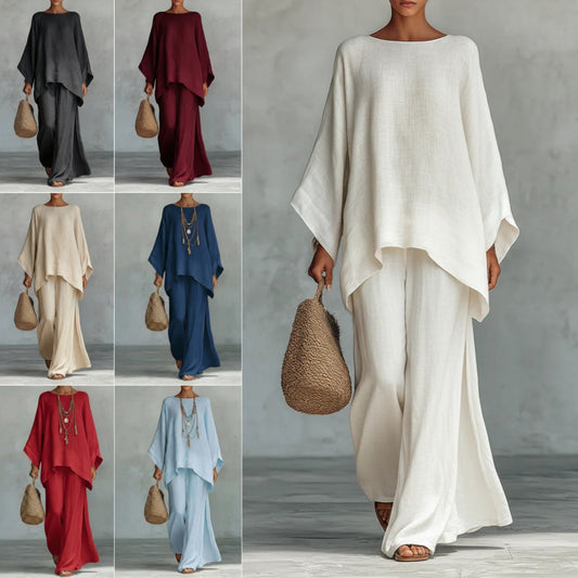 Casual 2-piece Set Loose Long-sleeved Wide-leg Trousers For Womens Minimalist Relaxed-fit Top And... — Kravori