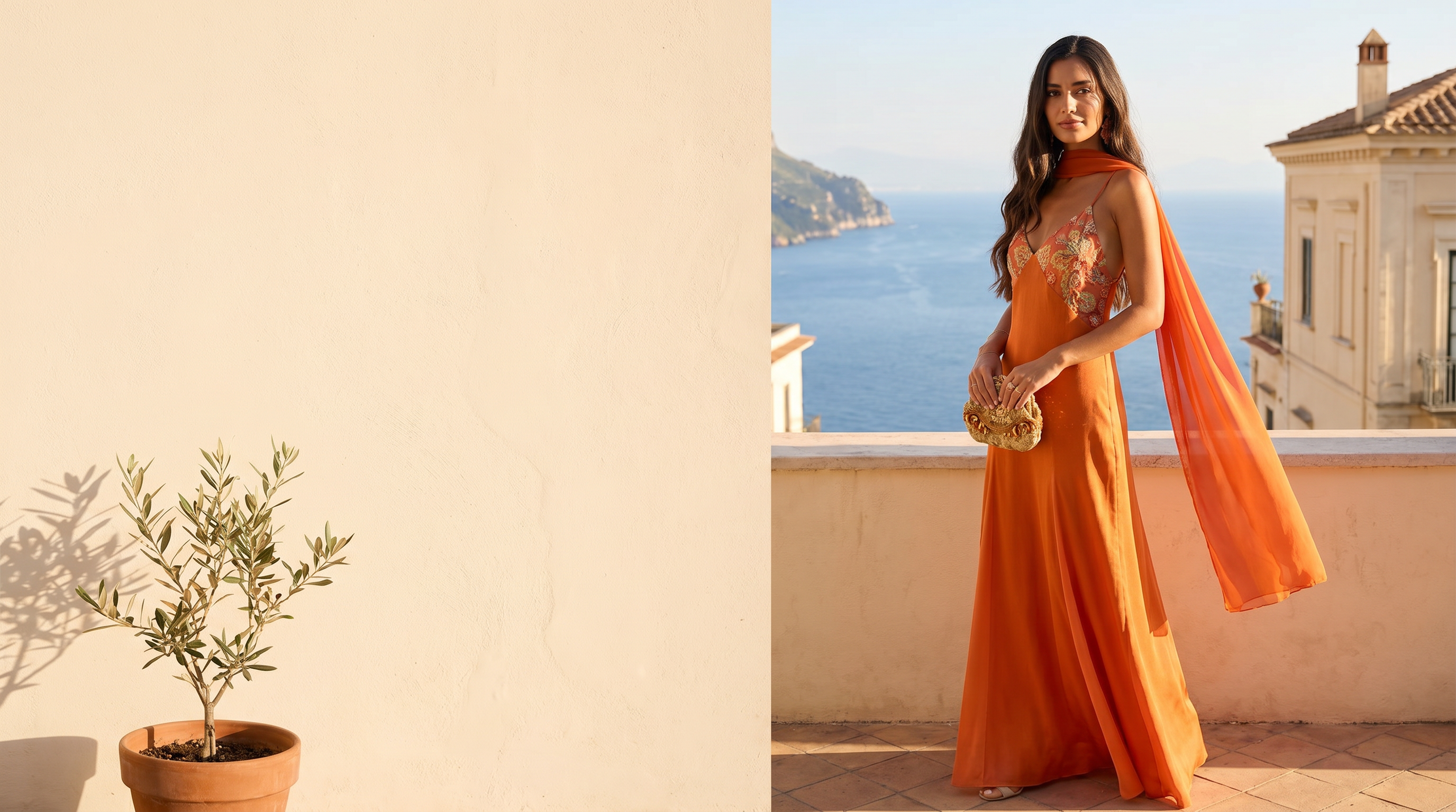 Kravori Summer 2026 — woman in orange dress with chiffon cape on Amalfi terrace
